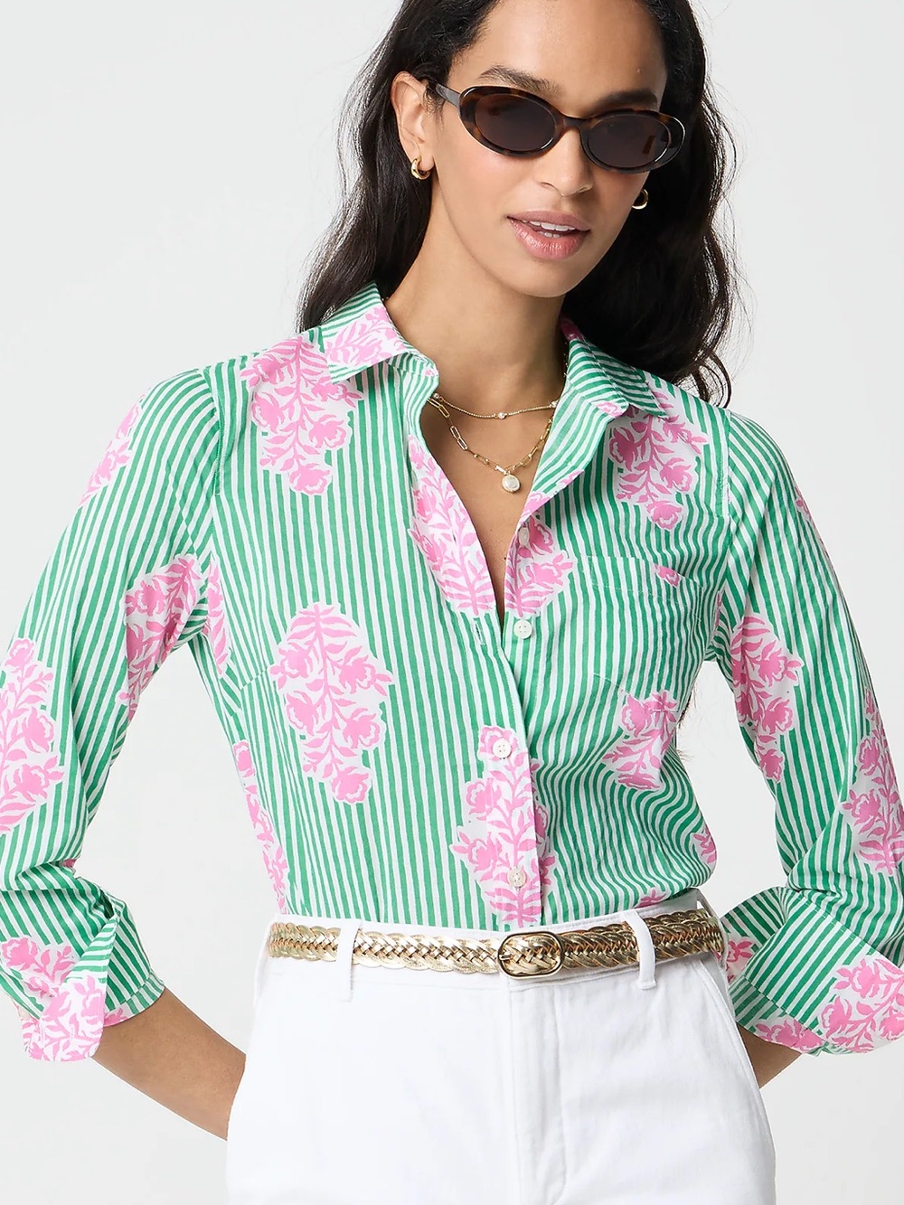 J. Crew “Summer Green & Pink” Floral Block Print Stripe Button-Down Shirt
